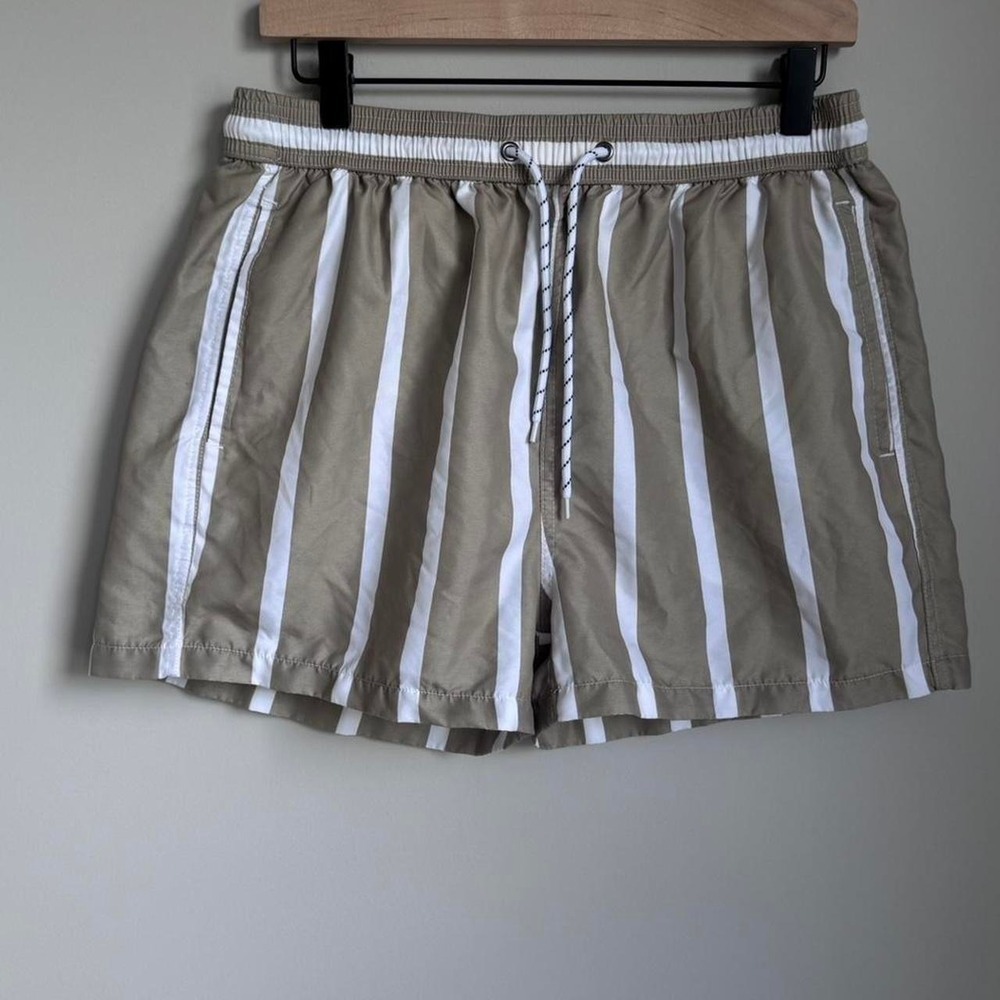 Manfinity Men's Khaki Tan & White Striped Swim Trunks Shorts Size L